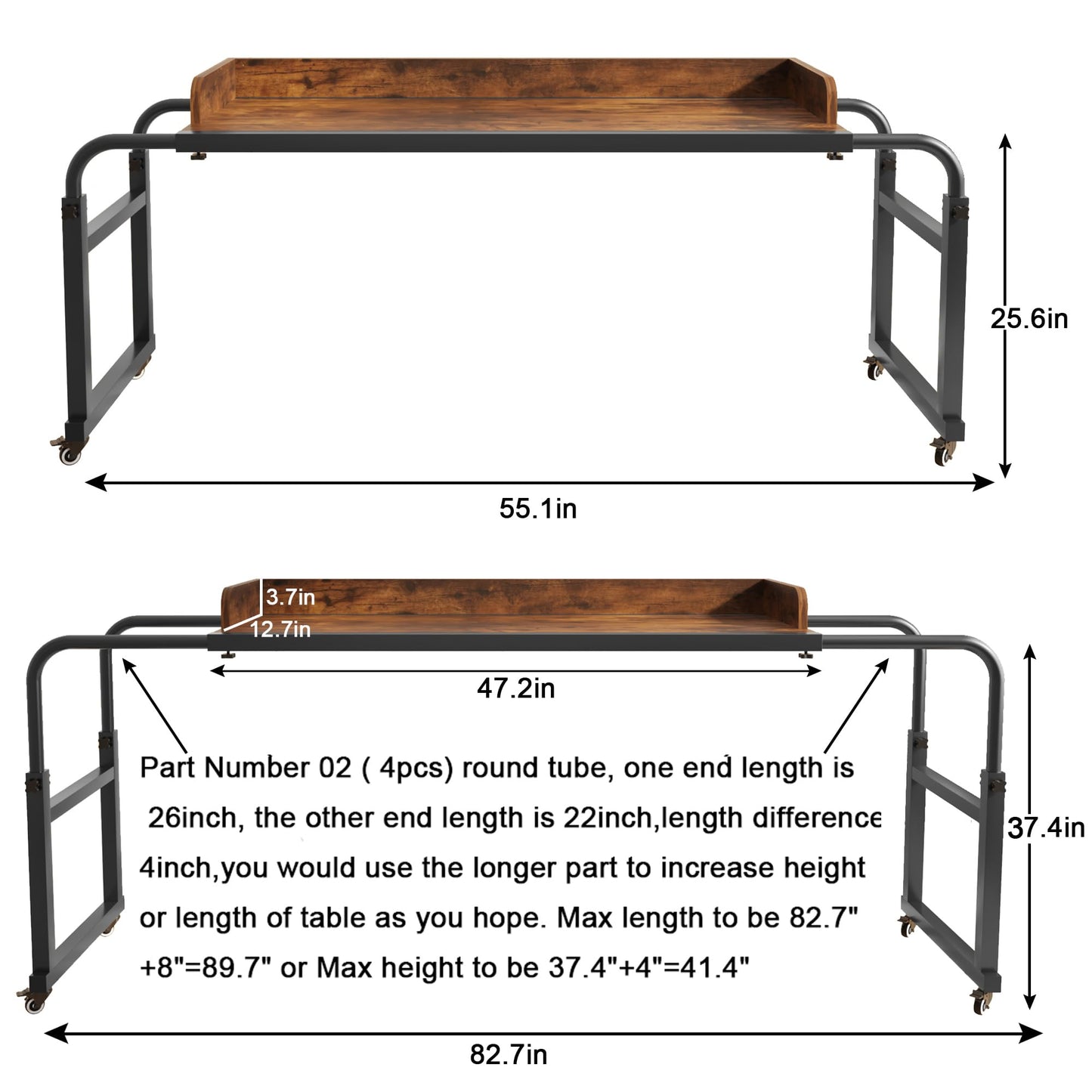 TigerDad Overbed Table with Wheels, Modern Style, Brown, 55.1-82.7x25.6x18.1 inches, 350lbs Weight Capacity