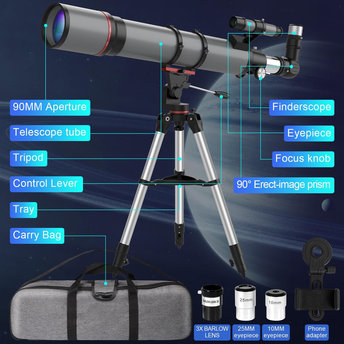 Telescope for Adults High Powered - Aurosports 90mm Aperture 800mm Refractor Telescope for Kids & Beginners Astronomy - Portable Telescope with Phone Adapter Tripod Carrying Bag