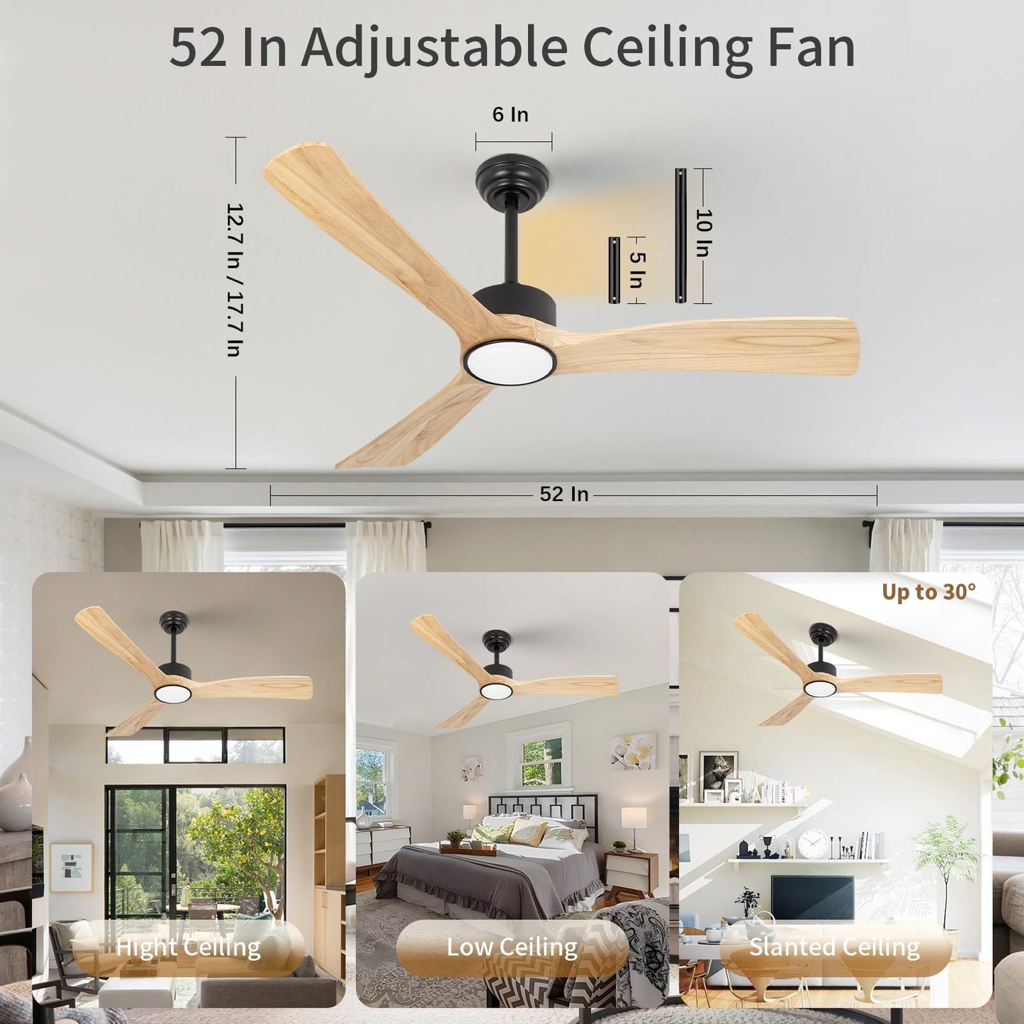iTni 52inch Ceiling Fan with Lights,Downroad Ceiling Fans with Remote Control,3 Wooden Blades,Dimmable Light,6 Speeds,Noiseless,Ceiling Fan for Bedroom,Living Room,Office,Indoor,Natural Wood Grain