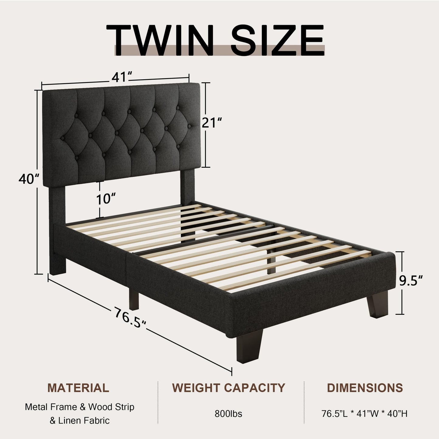 Einhomn Twin Upholstered Bed Frame with Headboard, Button Tufted Linen Bed Base, Platform Bed with Wood Slat Support, Noise Free, Heavy Duty, Easy Assembly, No Box Spring Needed, Dark Grey