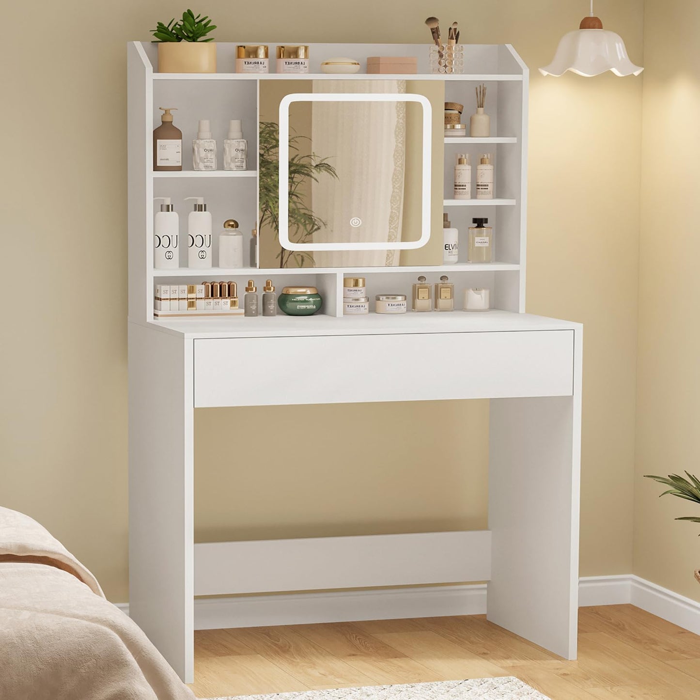 usikey Small Vanity Desk with Mirror and Lights, Makeup Vanity with Lighted Sliding Mirror, 3 Lighting Modes, 1 Large Drawer & 3 Hidden Storage Shelves, Vanity Table for Bedroom, Closet, White