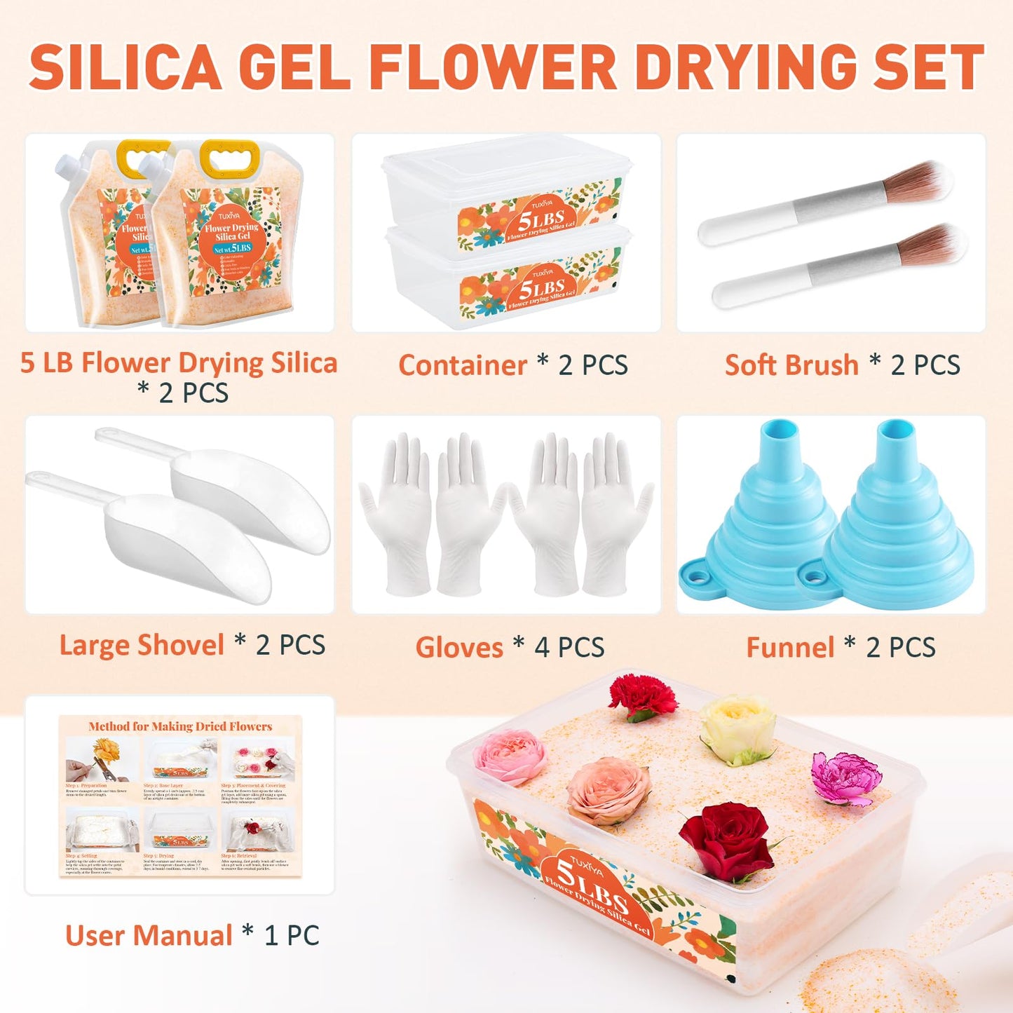 TUXIYA 10LBS Silica Gel Flower Drying,Reusable Flower Drying Silica Gel Crystals with 2PCS 6L Airtight Containers, Color Indicating Flower Preservation Kit for Drying Flowers Bead Size<1mm