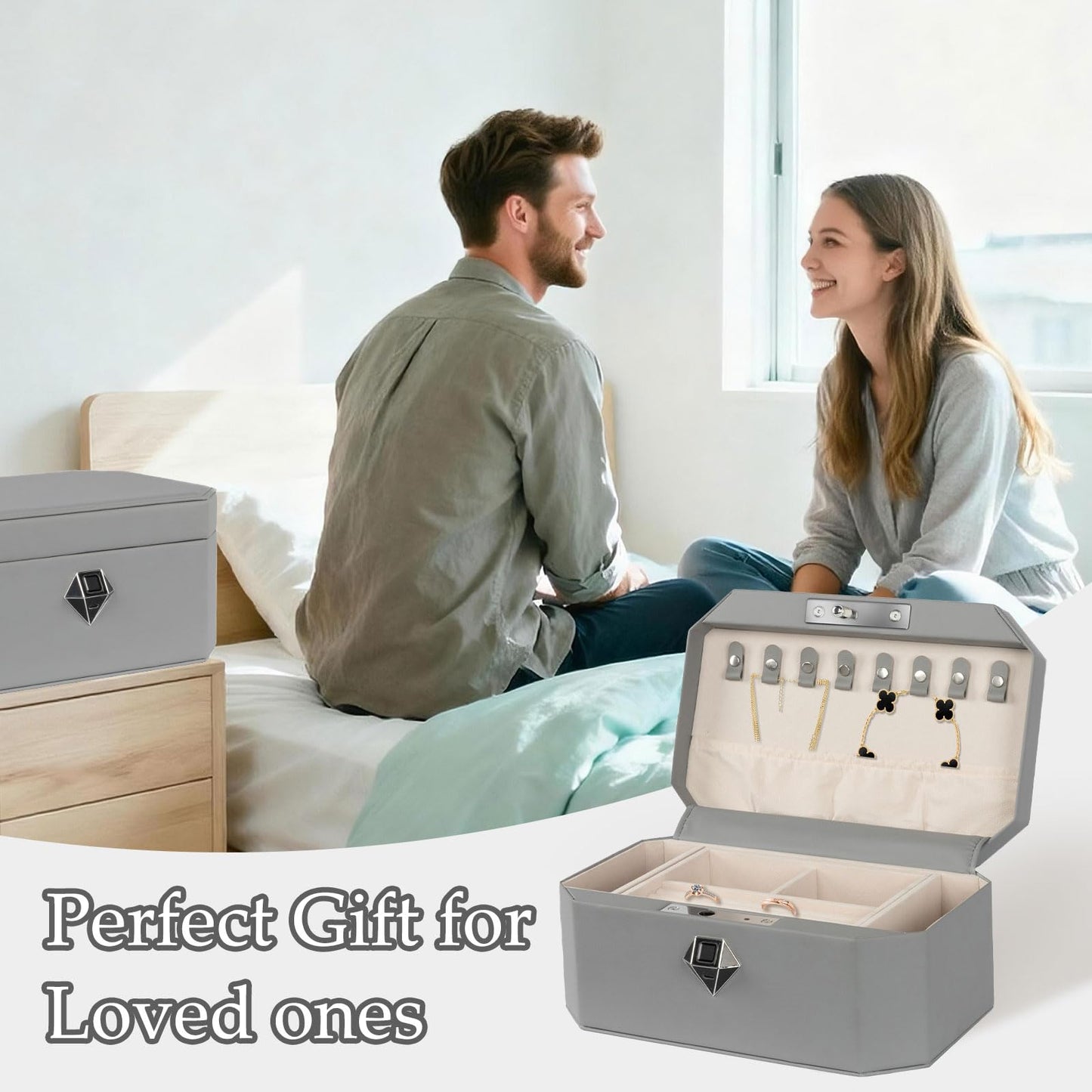 VALINIRT Jewelry Safe,Biometric Fingerprint safe, Leather Wrapped Jewelry Box with Lock, Quick-Access & Keyless Entry(Two-Tier Gray)