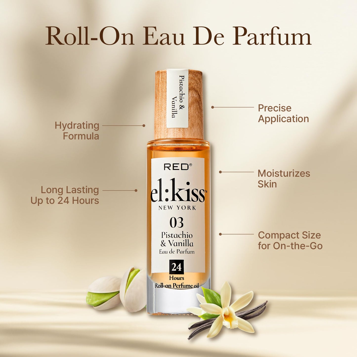 EL:KISS Roll On Perfume, Pistachio & Vanilla Inspired by SDJ 62, Eau de Parfum 12mL (.40 Fl Oz), Hydrating & Long-Lasting, Alcohol-Free & Mineral Oil-Free, With Jojoba, Argan & Coconut Oil