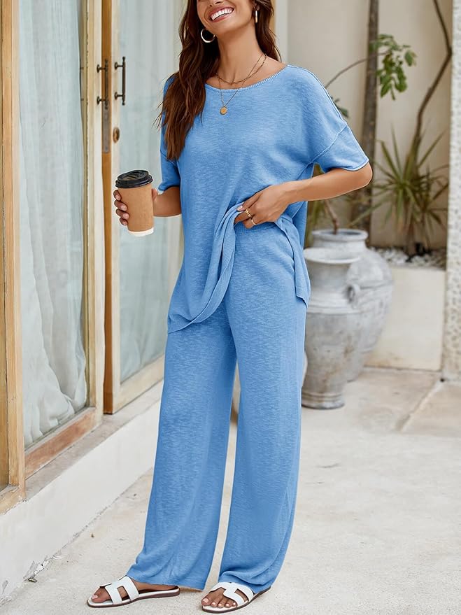 Tankaneo Women's 2 Piece Travel Outfits Casual Short Sleeve Knit Sweater Set Wide Leg Pants Lounge Sets Tracksuit