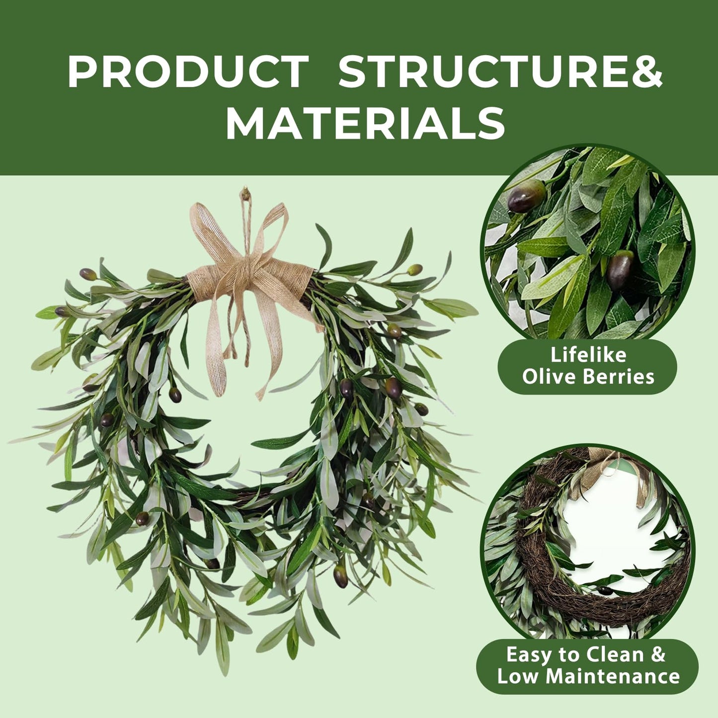 Artificial Olive Garland with Greenery Leaves – Faux Olive Wreath for Front Door, Farmhouse Wall Decor, Hanging Green Wreath for Window or Wedding Decoration (B)