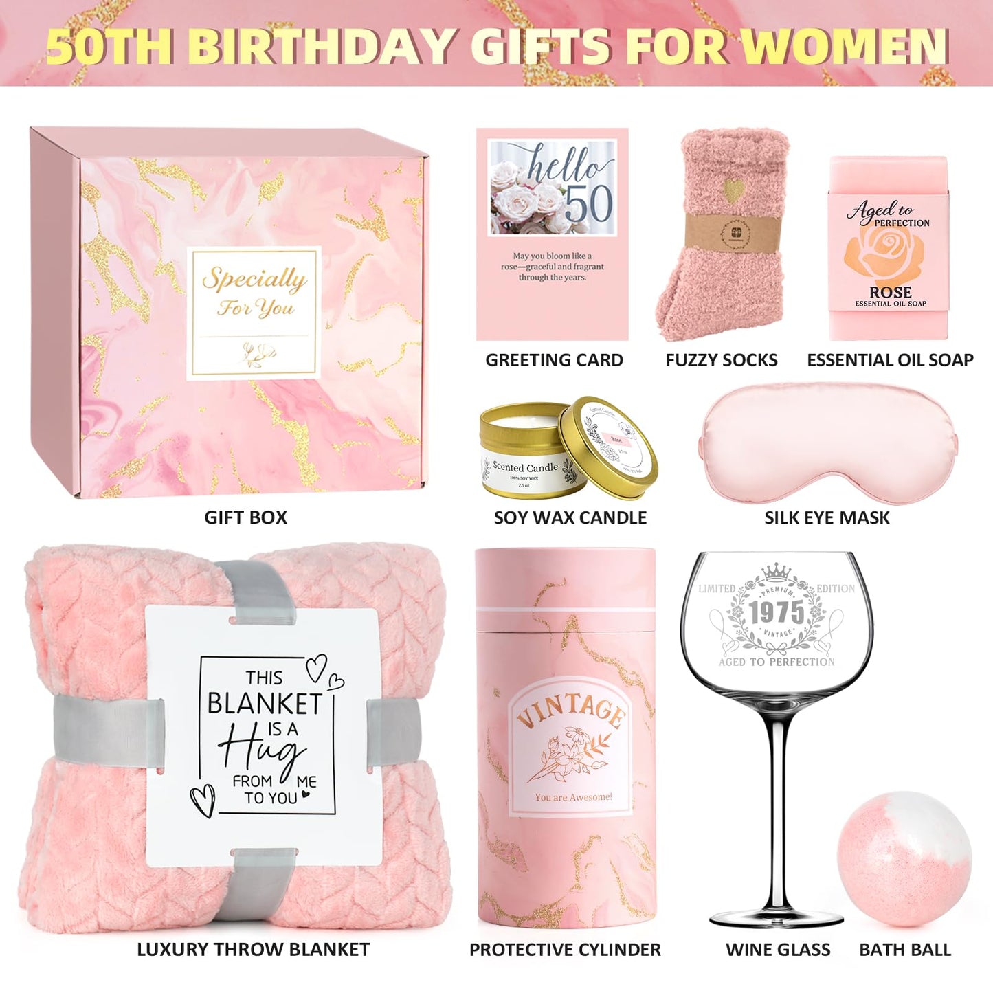 50th Birthday Gifts for Women - 50th Birthday Gifts for Her Happy Birthday Gifts for 50 Year Old Woman with Blankets Wine Glass 1975 Rose SPA Gifts Care Package for Women, Mom, Sister, Friend, Wife