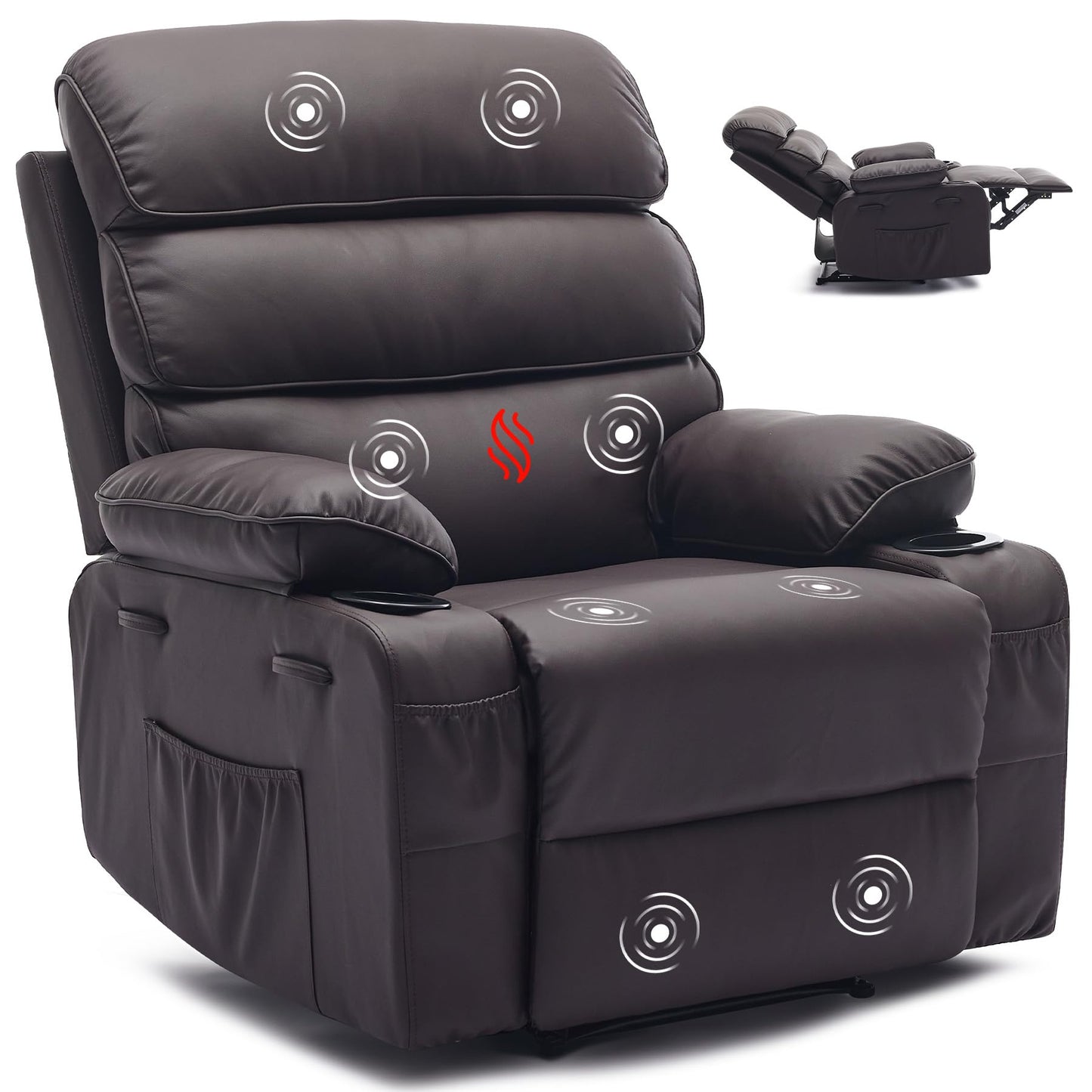 PU Leather Extra Wide Manual Recliner for Adults with Massage and Heat, Large Lazy Chair with 1.5X Sponge Comfort Arm and Back for Living Room, Bedroom