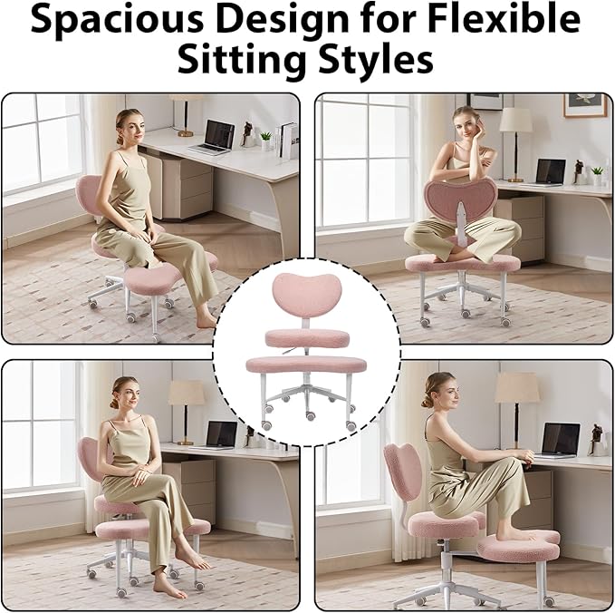Cross Legged Office Chair with Wheels–360°Swivel Meditation Chair, Adjustable Height Yoga Office Chair for Adults, Ergonomic Kneeling Chair with Back Support for ADHD, Teddy Fabric, Pink