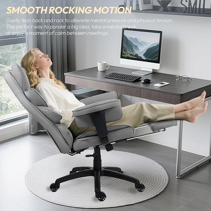 Dowinx Big and Tall Office Chair with Pocket Spring Cushion,High Back Computer Gaming Chairs with Adjustable Armrests and Lumbar Support,Executive Desk Chairs with Footrest(PU Leather,Grey)