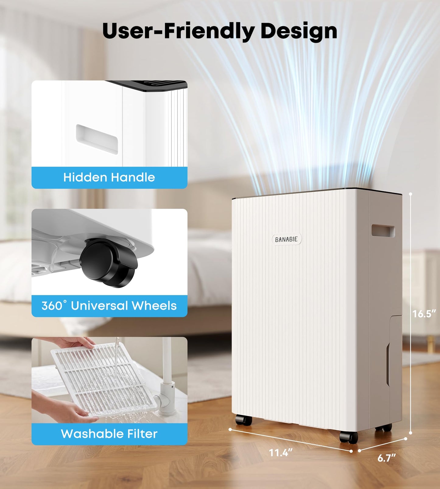 BANABIE 2500 Sq.Ft Dehumidifier for Basement, 32 Pint Dehumidifiers for Home with Drain Hose, Ultra Quiet 32dB, Smart Humidity Control, 24H Timer, Energy Efficient, Portable for Bedroom, Bathroom, RV
