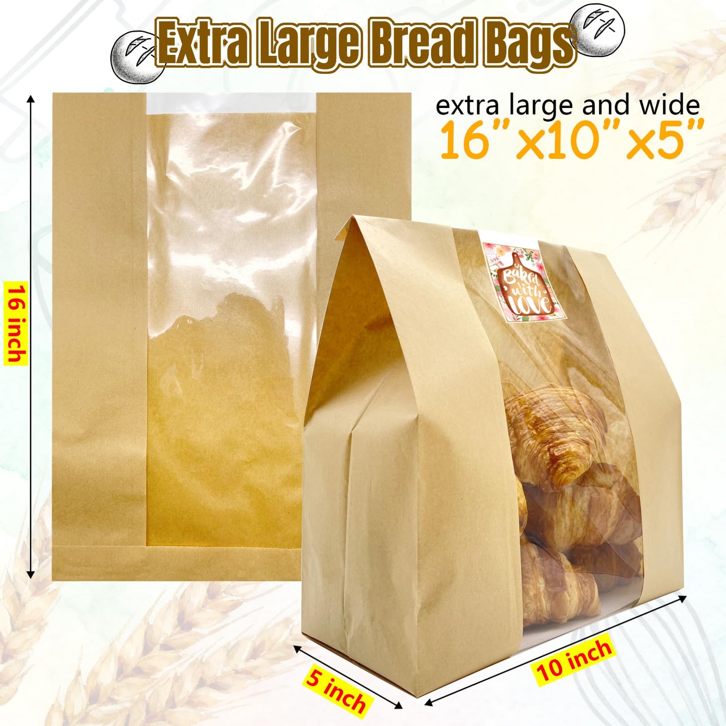 BIUBIU 16x10x5 inch Extra Large Paper Bread Bags for Homemade Bread with Window & Sticker for XL Sourdough Bread, Supersized Bread Loaf, Baked Goods, Packaging for Gifting-Brown Kraft 25Pcs