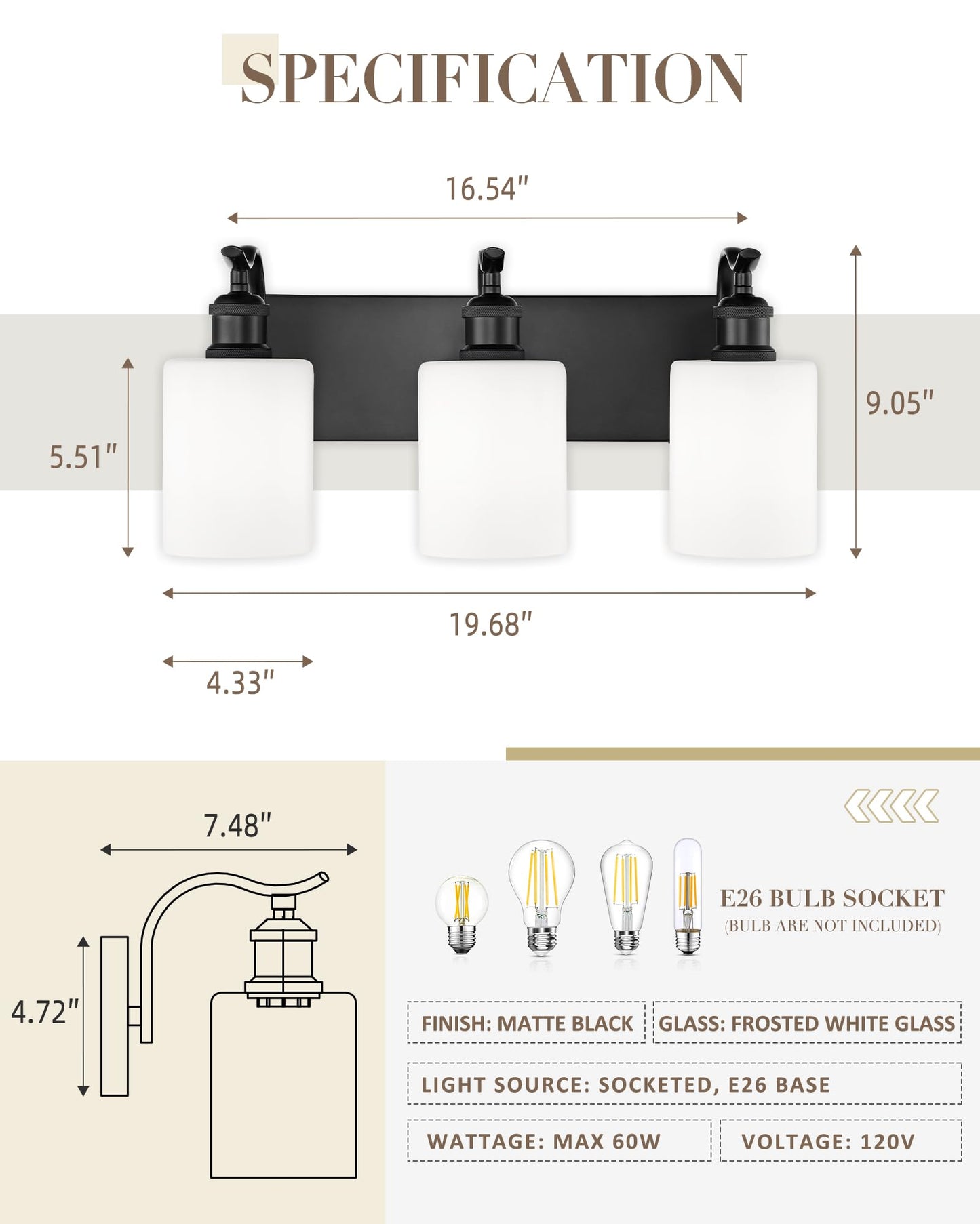 JAZAVA Black Vanity Light, 3-Light Bathroom Light Fixture, Modern Wall Sconce with Milk Glass, VL01BKW-3