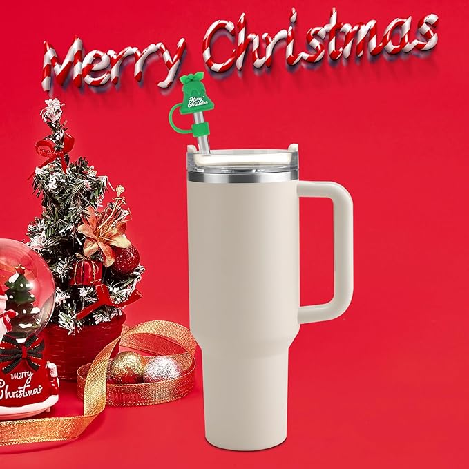 Christmas Silicone Straw Covers Cap for Stanley Cup, Cute Straw Topper for Stanley 30&40 Oz Tumbler, Reusable Dust-Proof Drinking Straw Cover, Set of 4 (Marry Christmas)
