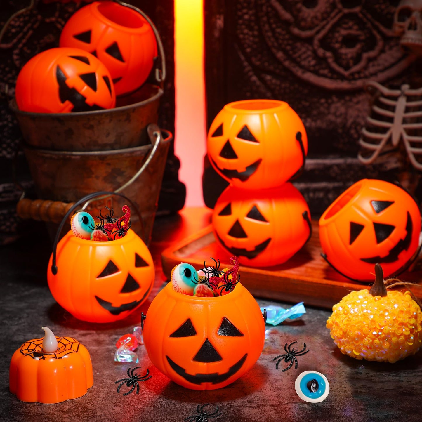Lallisa 50 Halloween Mini Pumpkin Bucket Plastic Pumpkin Candy Container Halloween Party Favor Decoration Trick or Treat Buckets for Holiday Party Supplies(Orange)