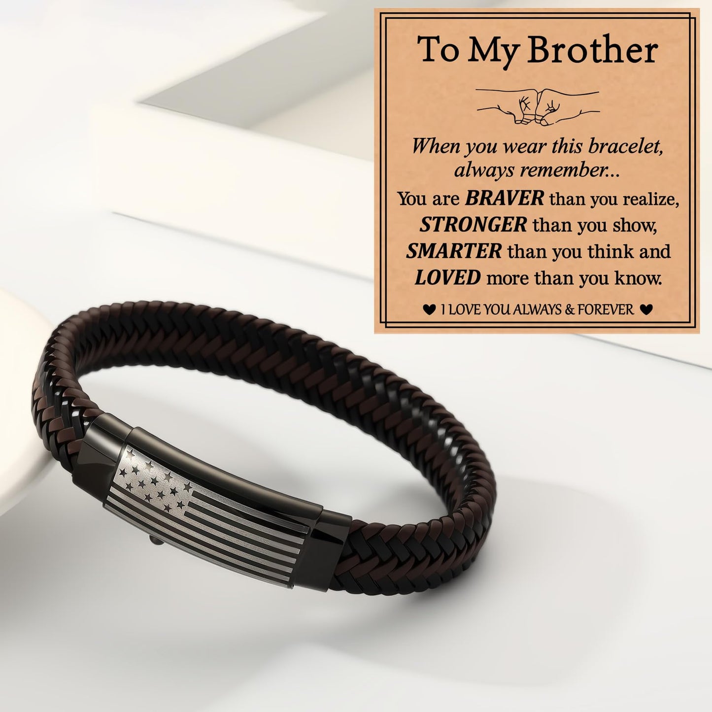 KLIFOWDY Gifts for Brother Leather Bracelet for Men American Flag Mens Bracelet with Card Adjustable Leather Cuff Bracelets for Men Jewelry Birthday Graduation Gifts