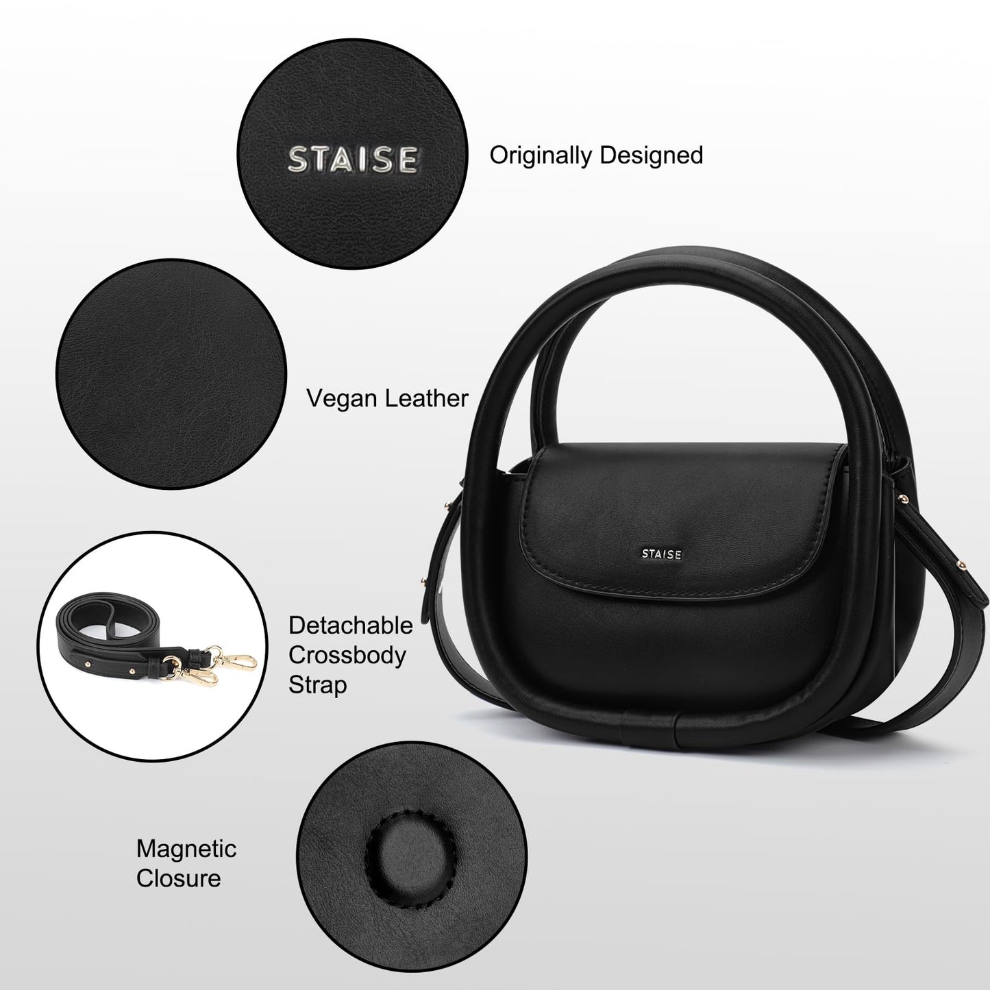 STAISE Designer Top Handle Shoulder Bags for Women, Trendy Mini Crossbody Purses, Women’s Leather Handbags with Straps (Black)