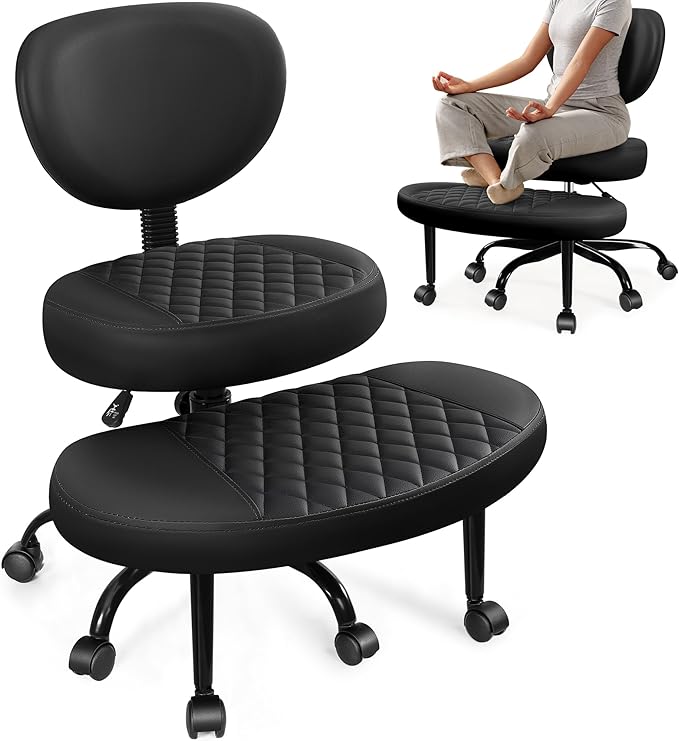 AtHope Ergonomic Cross Legged Office Chair with Wheels - Adjustable Height for Meditation, ADHD Desk & Yoga - Wide Criss Cross Design with Lumbar Support, Kneeling Chair - Upgraded Black