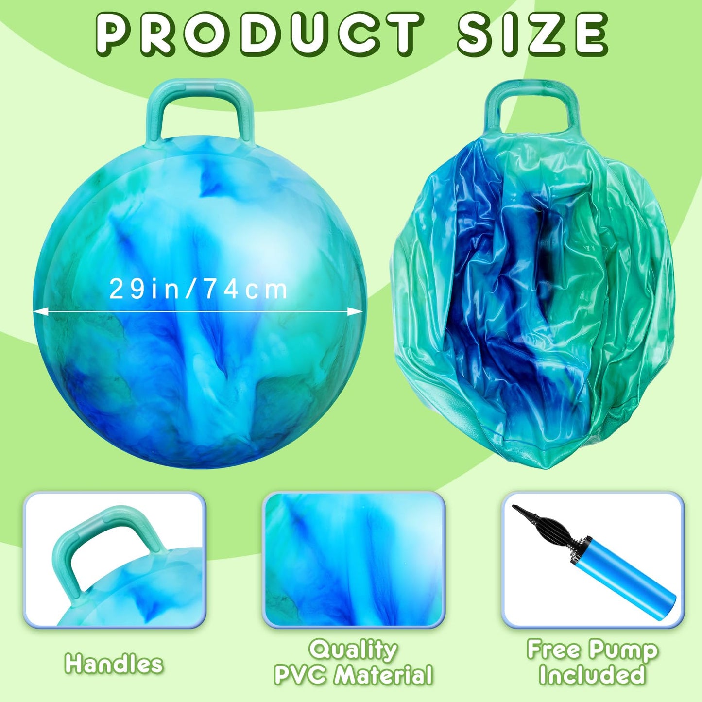 Lewtemi 2 Pcs 29 Inch Big Hopper Ball Jumping Hopping Inflatable Bouncing Ball with Handle and Air Pump for Adults Carnival Outdoor Sports Game(Blue Green Cloud, Blue Purple Cloud)