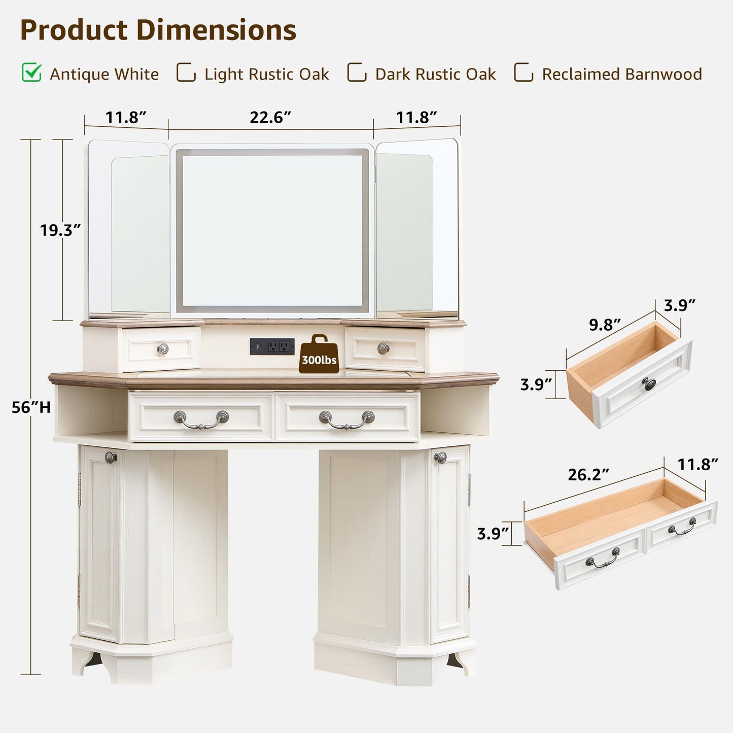 T4TREAM Makeup Vanity Desk 48" with 3 Way Mirror and Lights, Large Farmhouse Corner Vanity Dressing Table with Glass Top & Charging Station, 3 Drawers & 2 Storage Cabinets for Bedroom, Antique White