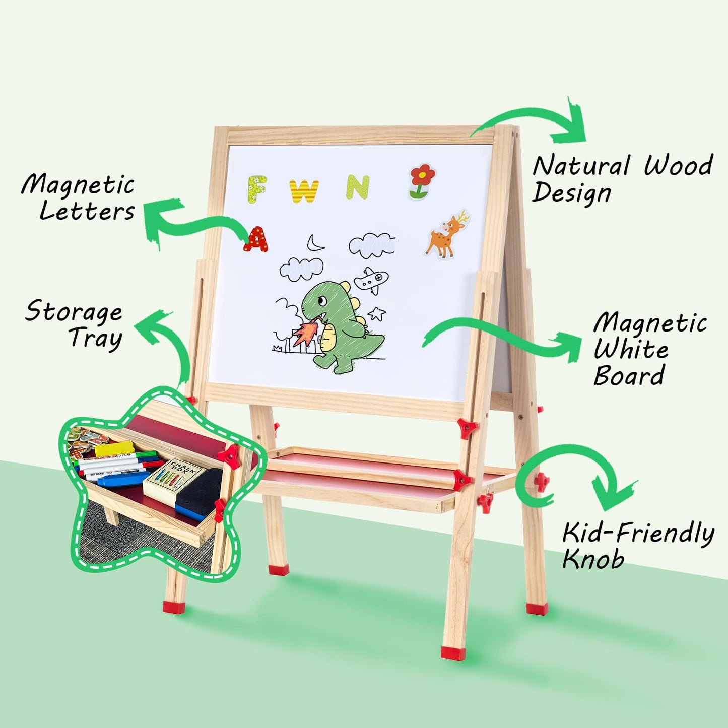 Foldable Kids Painting Easel Double Sided Chalkboard & Magnetic Whiteboard Wooden Art Easel Adjustable Height with Accessories Gift for Toddlers and Kids Ages 3-8