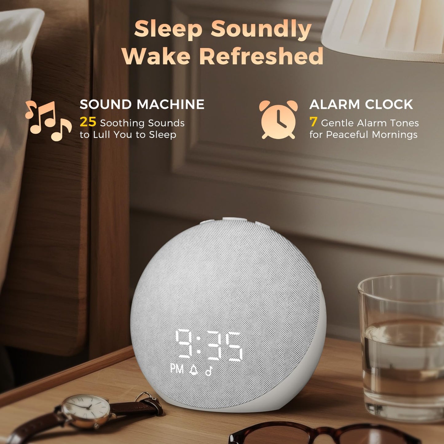 Sound Machine Alarm Clock for Bedroom: 25 Natural Sleep Sounds - White Noise Machine for Adults Kids Baby - Gentle Wake Up Alarm with Bluetooth Speaker - Frost White