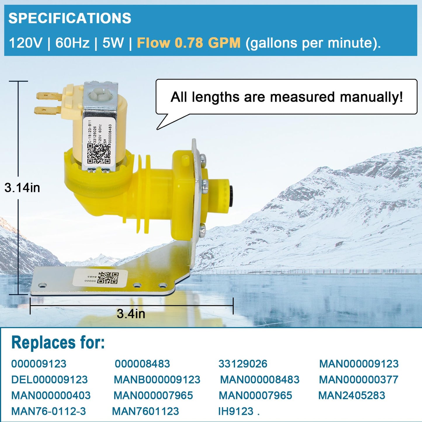 000009123 IH9123 33129026 water inlet valve for manitowoc ice machines, 120V 60Hz 5W fits for I, IB, S, SD, JC, QR, SD and K Series ice machines parts