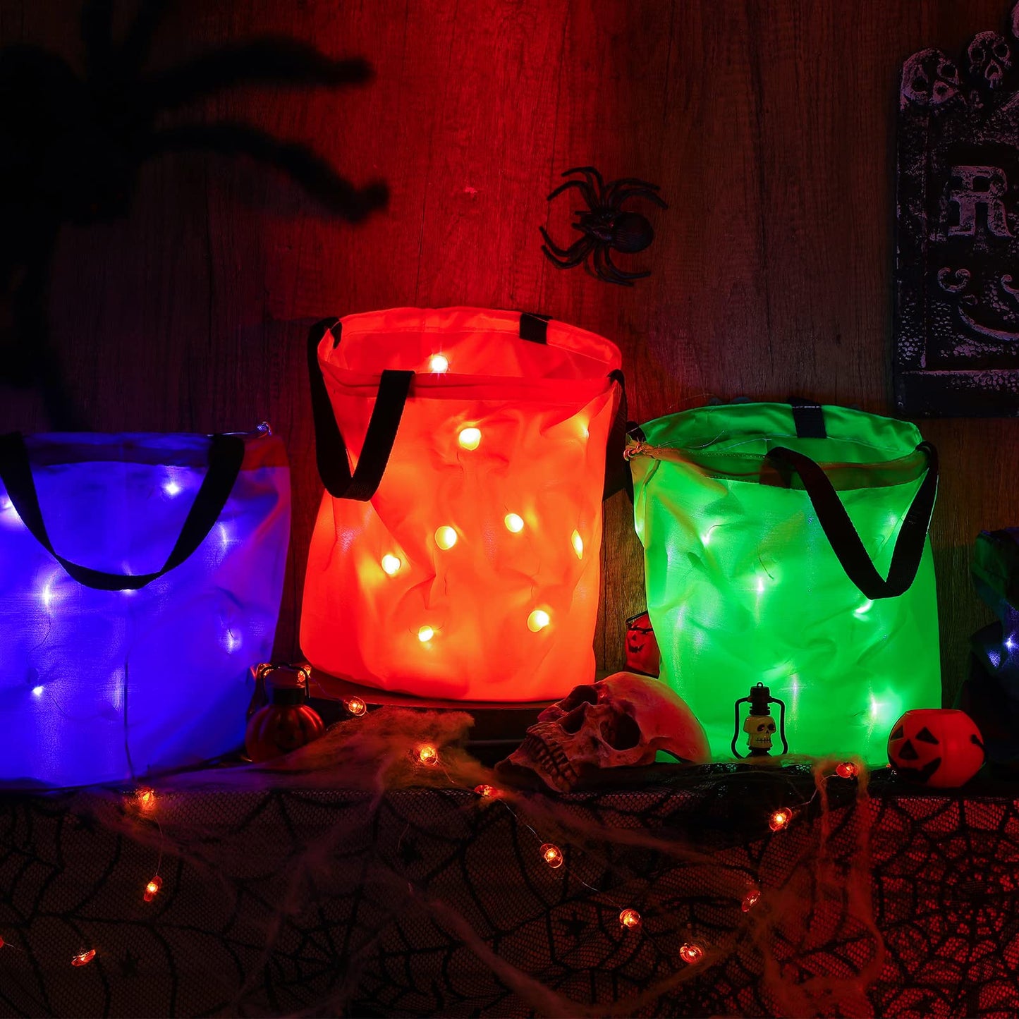 Shappy 4 Pieces LED Light Up Halloween Bucket Candy Bags Light Up Trick or Treat Bags Reusable Goody Bucket for Halloween Party Favor Supplies(Green, Purple, Black, Orange,Classic Style)
