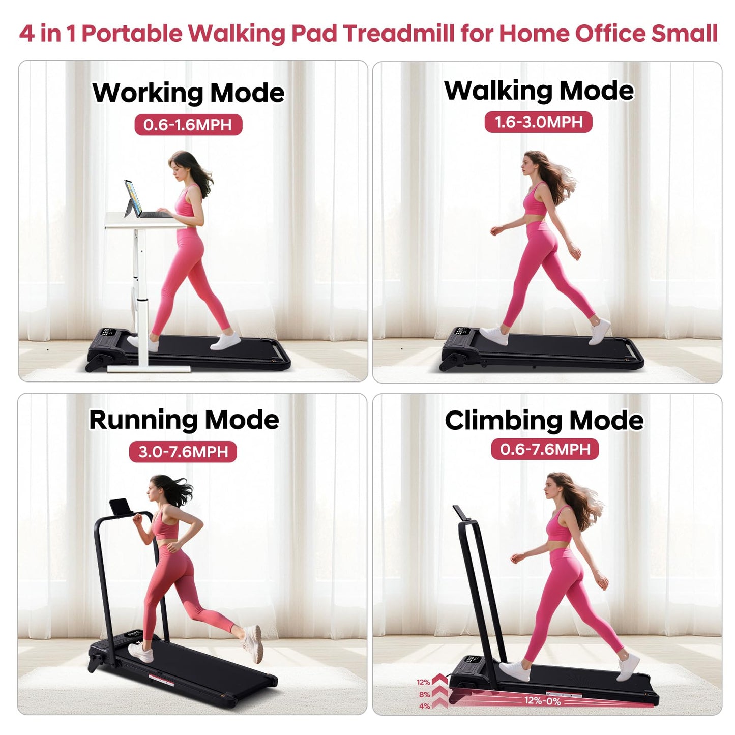 Foldable Walking Pad Treadmill with Adjustable Incline and Handle Bar, 3.5HP Portable Folding Treadmills for Home Small, 4 in 1 Under The Desk Electric Treadmill with Handles, 0.6-7.6MPH, 350LBS