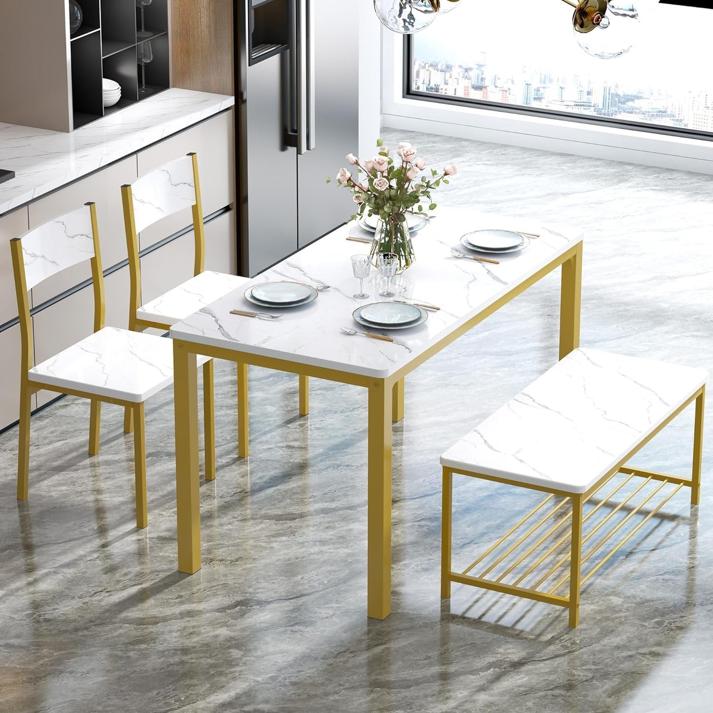 sogesfurniture Modern 4-Piece Kitchen Dining Table Set with 1 Bench and 2 Chairs, Kitchen Bench Table Set for 4, Wooden Kitchen Table and Chairs for Limited Space,Gold