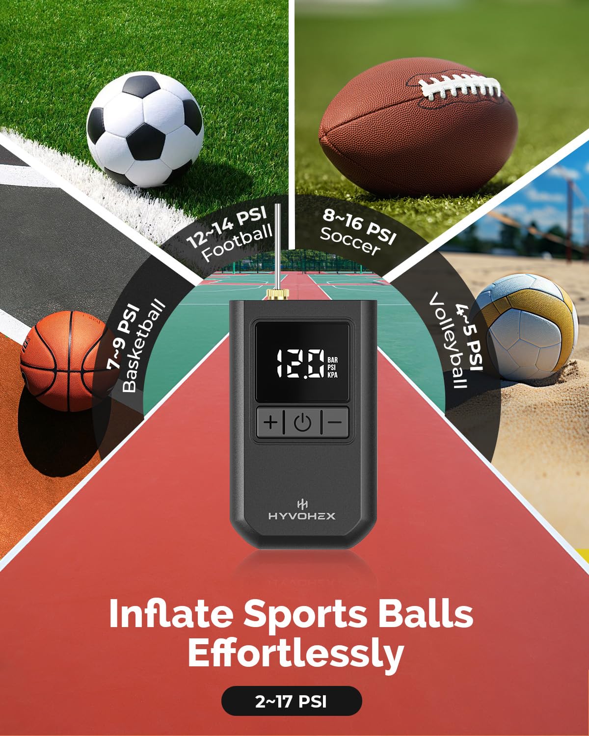 Ball Pump for Sports Balls, HYVOHEX Portable Electric Basketball Pump Ultra Fast Inflation, with Digital LED Display Air Pump for Balls, Preset Pressure with Ball Needle for Soccer, Volleyball