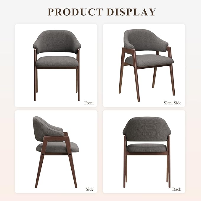 MALOL Wooden Dining Chairs Set of 2, Modern Fabric Upholstered Dining Room Chair, Kitchen Side Chairs, Farmhouse Dinner Chair with Curved Open Back for Kitchen, Grey