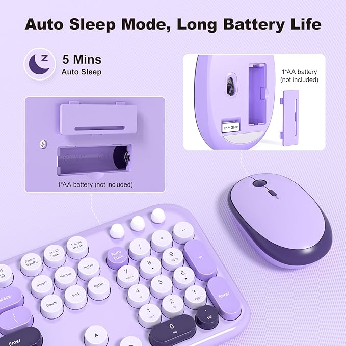 MOFII Wireless Keyboard and Mouse Combo, 2.4GHz Retro Typewriter Keyboard Full Size and Silent Mouse, 2-in-1 USB Receiver Plug and Play, for Laptop, PC, Desktop, Windows (Violet)