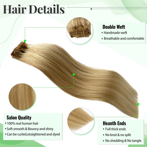 Clip in Hair Extensions Balayage Beige Blonde to Honey Blonde Brazilian Hair 70g 5pcs Per Set Real Human Hair Extensions Clip in Double Weft Silky Straight Clip on Extensions for Women 22 Inch