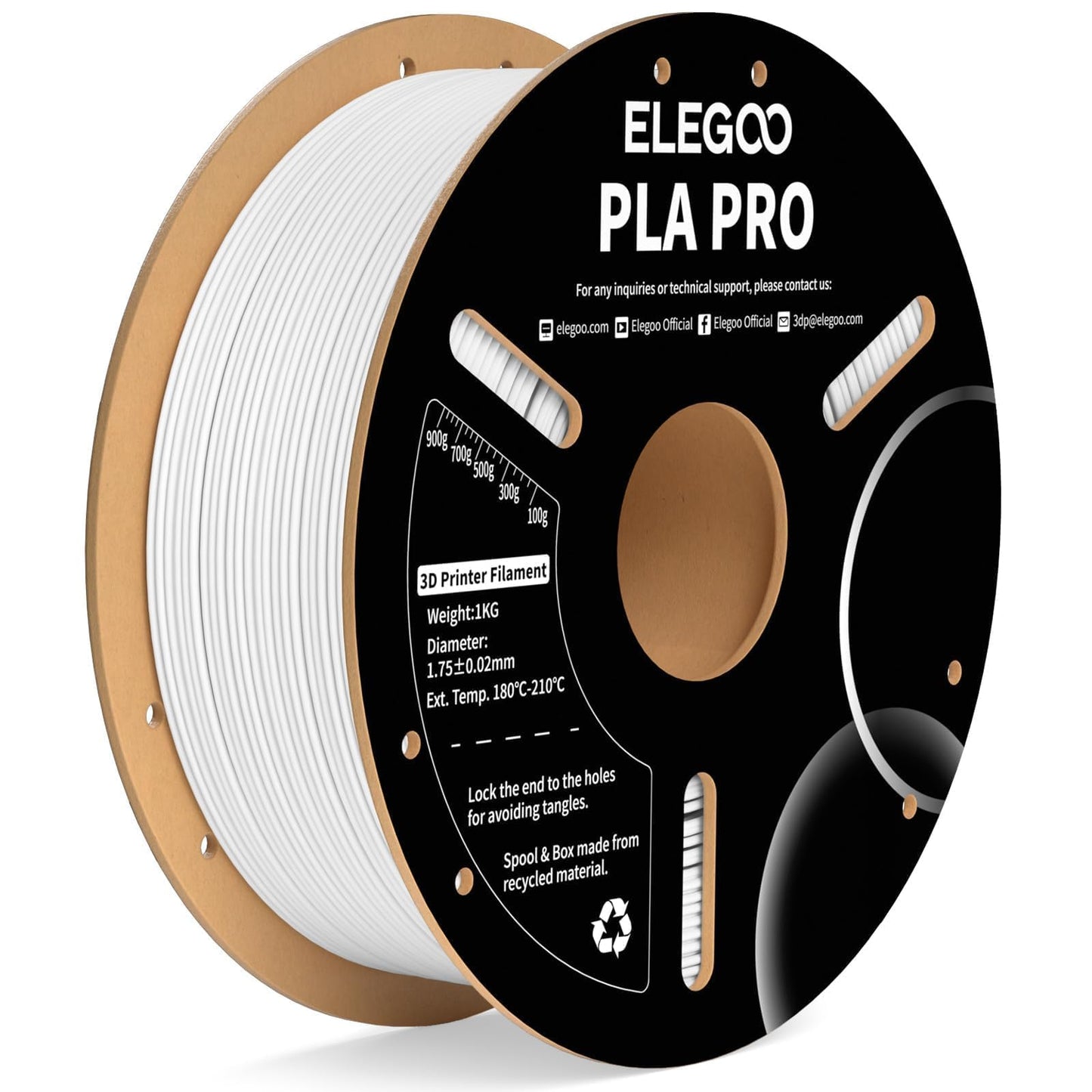 ELEGOO PLA PRO Filament 1.75mm White 1KG, 30-250mm/s Printing Speed Improved Rigidity 3D Printer Filament Dimensional Accuracy +