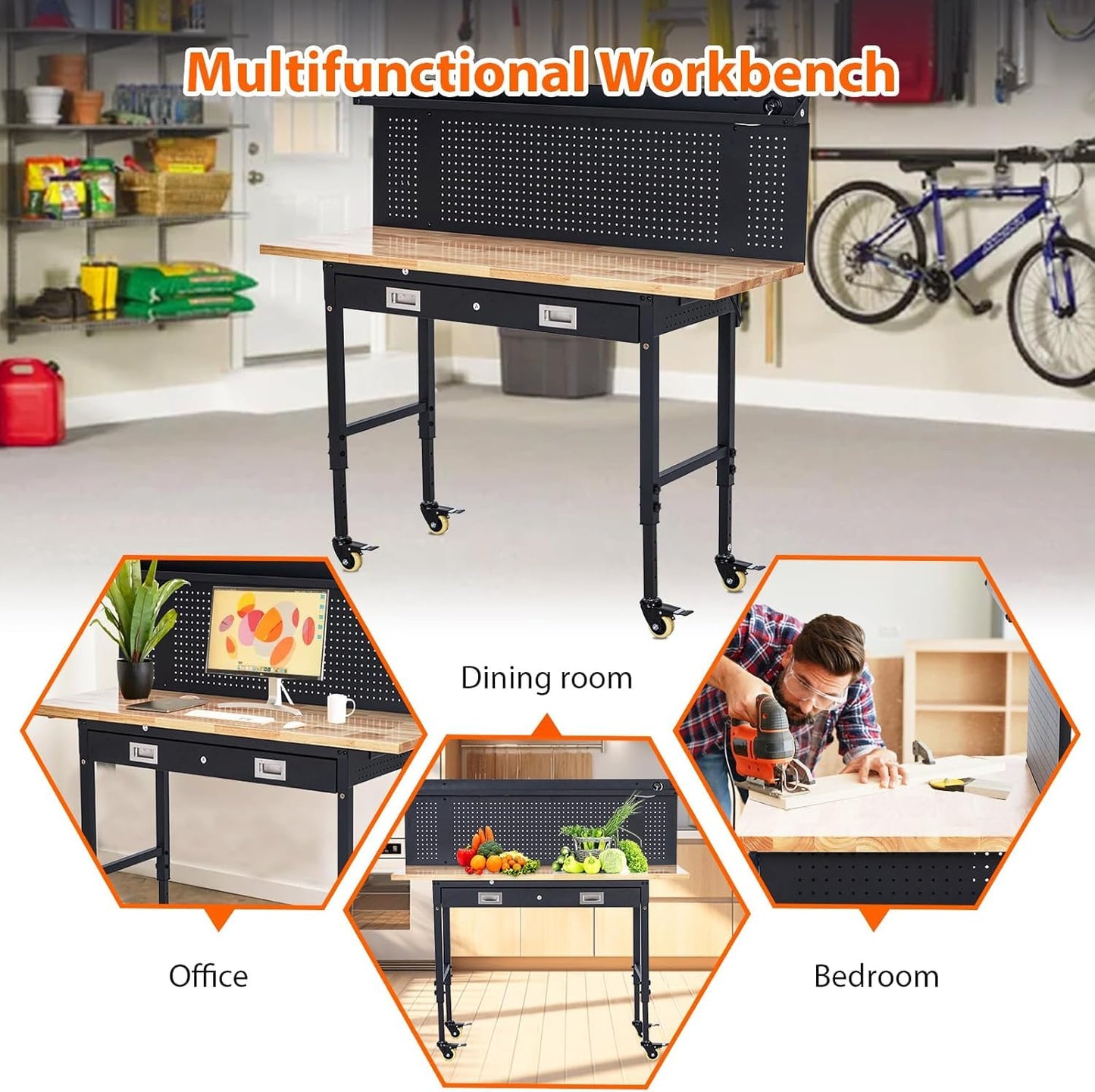Workbench Adjustable Heavy-Duty 60" L X 22" W Workbench with Power Outlet, Drawers, Pegboard, and Wheels â 2200 Lbs Capacity Rubber Wood Top, Rolling Work Benchesfor Garage, Workshop, Home, Office