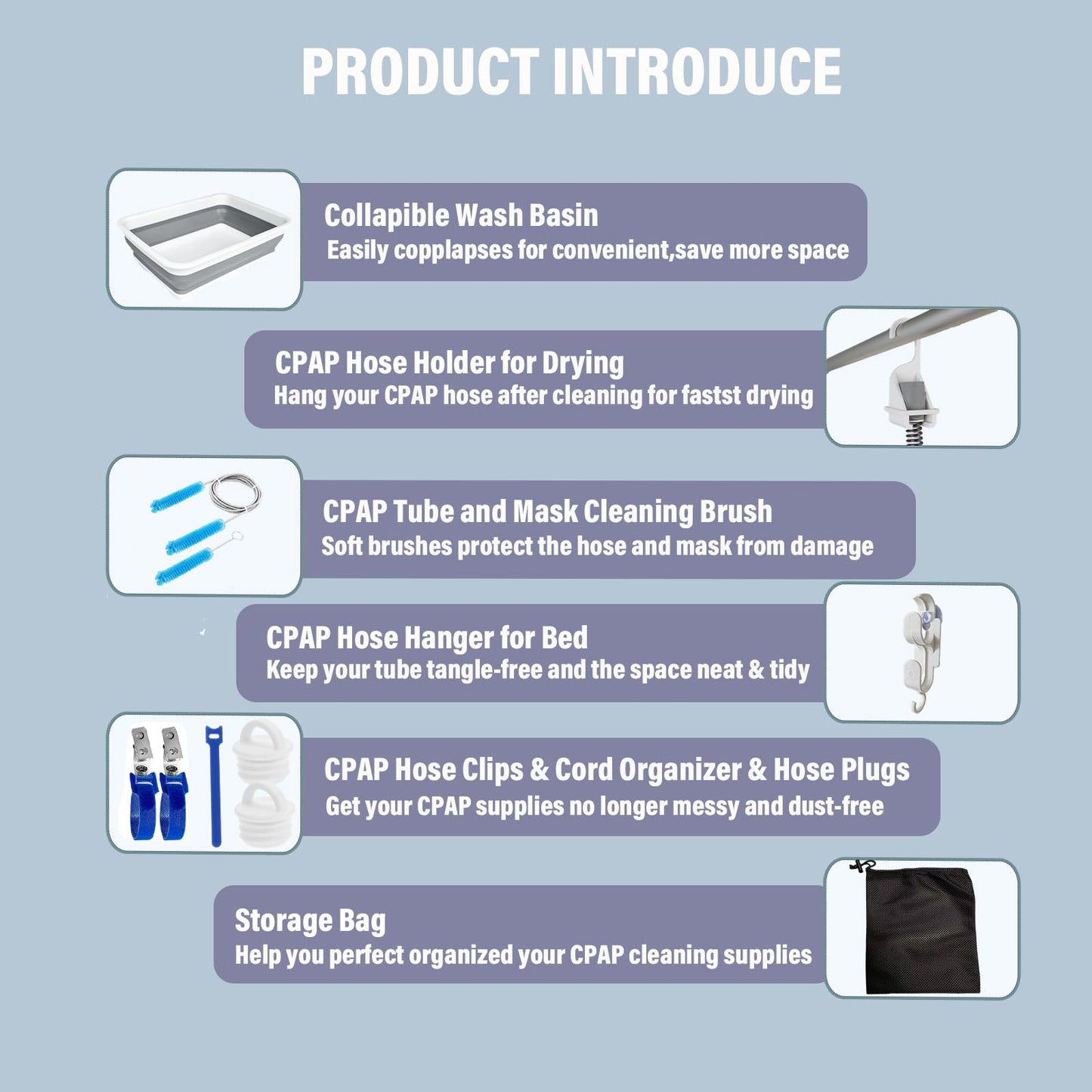 11 Pack CPAP Tube Cleaning Kit, Collapsible Wash Basin,CPAP Hose Hanger,CPAP Hose Holder for Bed,CPAP Hose Plugs,CPAP Tube Clips,Tube & Mask Cleaning Brush for 15-22mm Diameter Tubing with Storage Bag