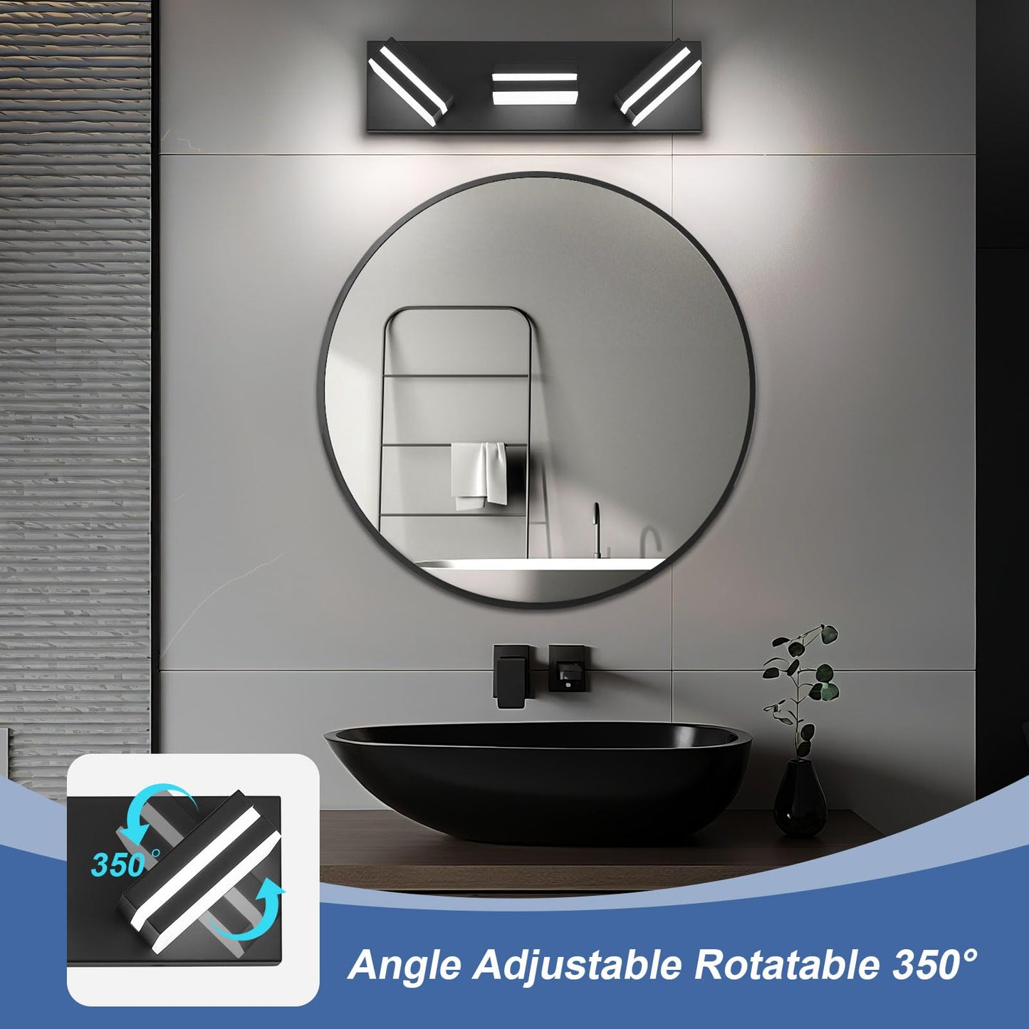 JZEKVN Modern LED Bathroom Lights Fixtures(3-Light),Metal Black Acrylic Wall Lighting,Vanity Lights for Bathroom Over Mirror(6000k 16In