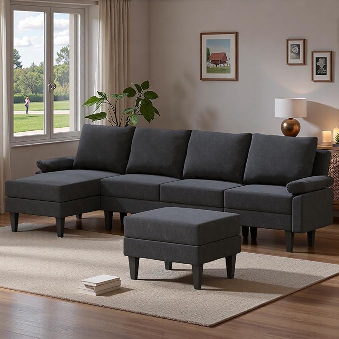 Topcomfy U-Shaped Sectional Couches for Living Room, Convertible 4 Seat Modular Sectional Sofa Set with Ottoman, Modern L Shaped Couch with Chaise for Bedroom Apartment and Office, Chenille Black