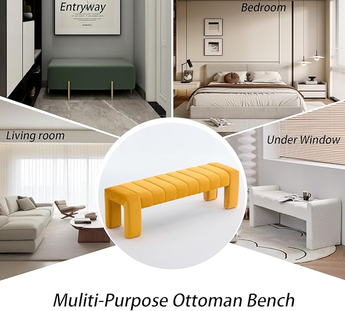 AIITTCC Velvet End of Bed Bench Upholstered Modern 59" Bedroom Bench for King Bed Bench Tufted Window Bench Comfy Long Ottoman for Living Room/Entry/Indoor (Mustard Yellow, 59" Wide)