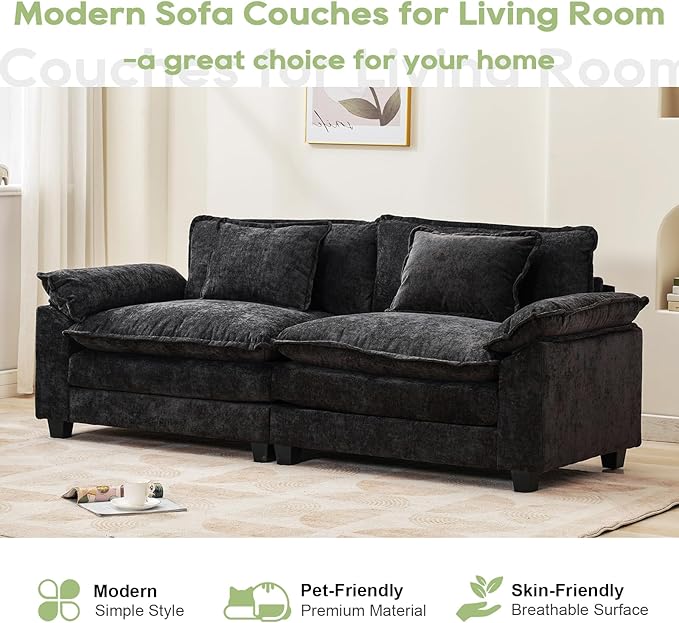 Oprisen 86" Modular Sectional Sofa, Comfy Cloud Couch Sectional Sofa with Ottoman, Chenille Sofa Sleeper Deep Seat Sofa with Throw Pillows for Living Room (Black, 86"- Loveseat)