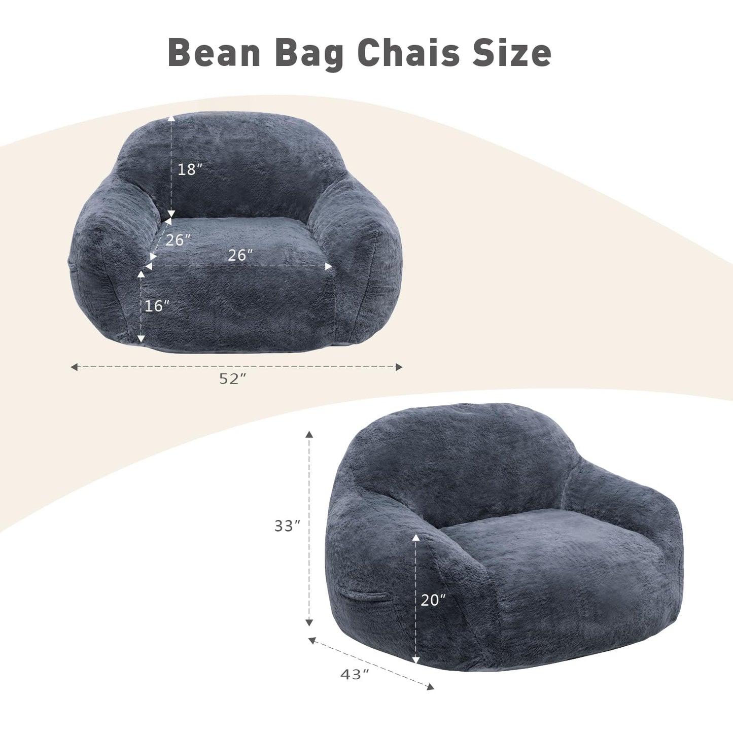 GOHOROS Giant Bean Bag Chair, Oversized Bean Bag Chairs for Adults and Kids, Gaming Chair Stuffed Memory Foam | Storage | Non-Slip, Removable Bean Bag Sofa Comfy Chair for Bedroom, Livingroom (Grey)