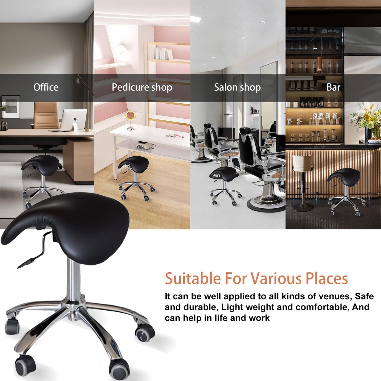 DENGTELI Ergonomic Saddle Chair with Adjustable Swivel castors, Corrects Posture and alleviates Back Pain, Suitable for Offices, Dental clinics, Salons, and Tattoo Studios (Black)