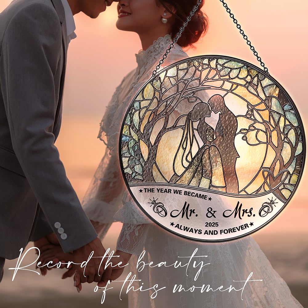 Stained Glass Suncatcher - Mr & Mrs 2025 Wedding Keepsake, Wedding Anniversary Keepsake, Bridal Shower Gift for Newlyweds,Suncatchers for Windows Hanging - Bride's Home Decoration or Ceremony Souvenir