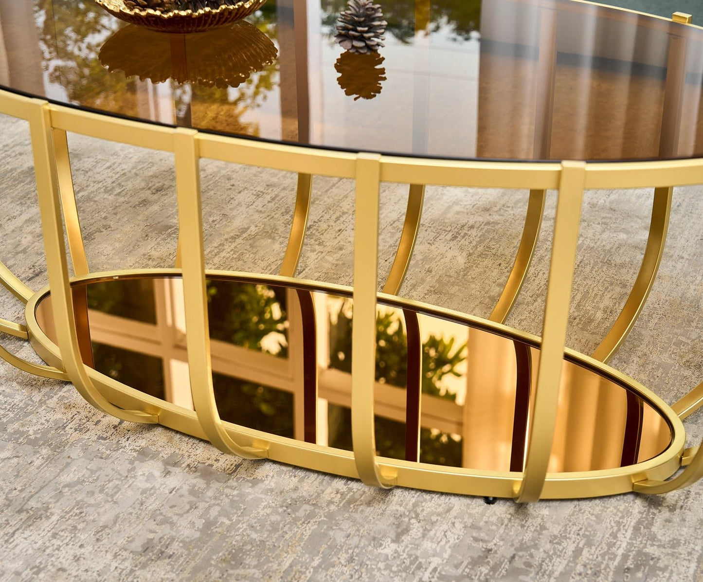 AGV LIGHTING Oval Glass Coffee Table with Gold Metal Frame, Modern Glam Glass Coffee Table, Amber Tempered Glass Top with Lower Mirrow Glass Shelf, Modern Gold Coffee Table for Living Room