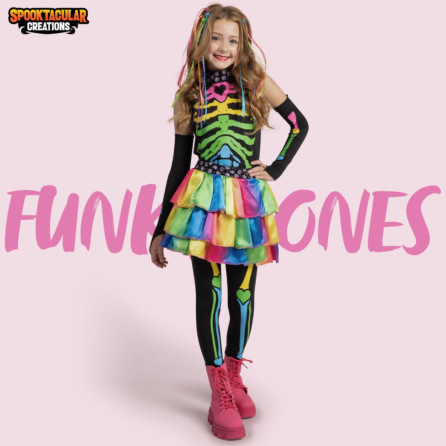 Spooktacular Creations Halloween Kids Skeleton Costume, Funky Punky Bone Colorful Skeleton Deluxe Costume, Halloween Set