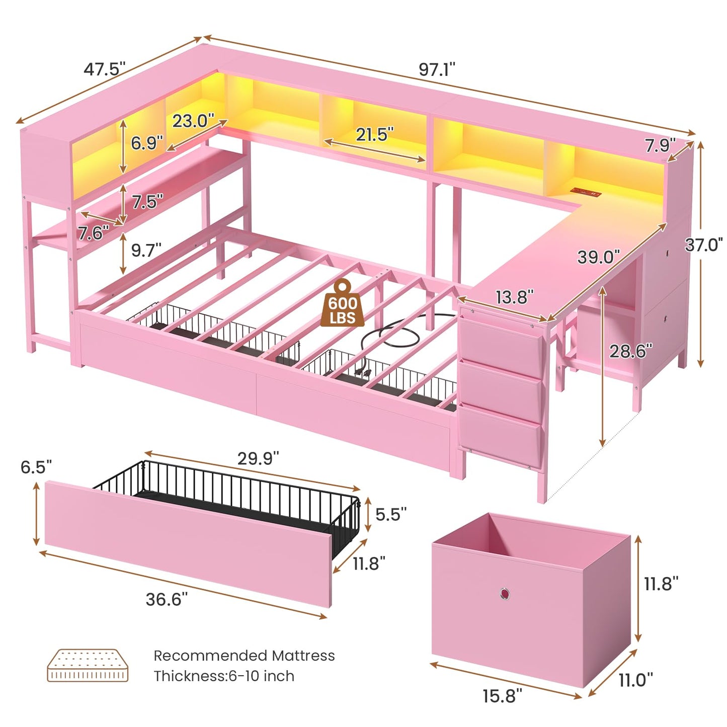 Hasuit Twin Corner Bed with Desk and Storage Bookcase, Daybed with 2 Drawers & 2 Storage Bins, Twin Size Platform Bed Frame with Charging Station and LED Light, Modern Teenagers Bedframe, Pink