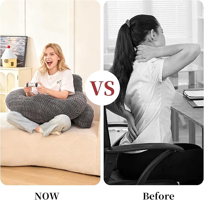 PAJEO Back Pillow for Bed Sitting Up,U Shaped & Back Support Pillow for Bed,19" Backrest with Lumbar & Arm Support,Comfy Corduroy Fabric,Lap Pillow for Gaming/Reading/Watching TV,Gray