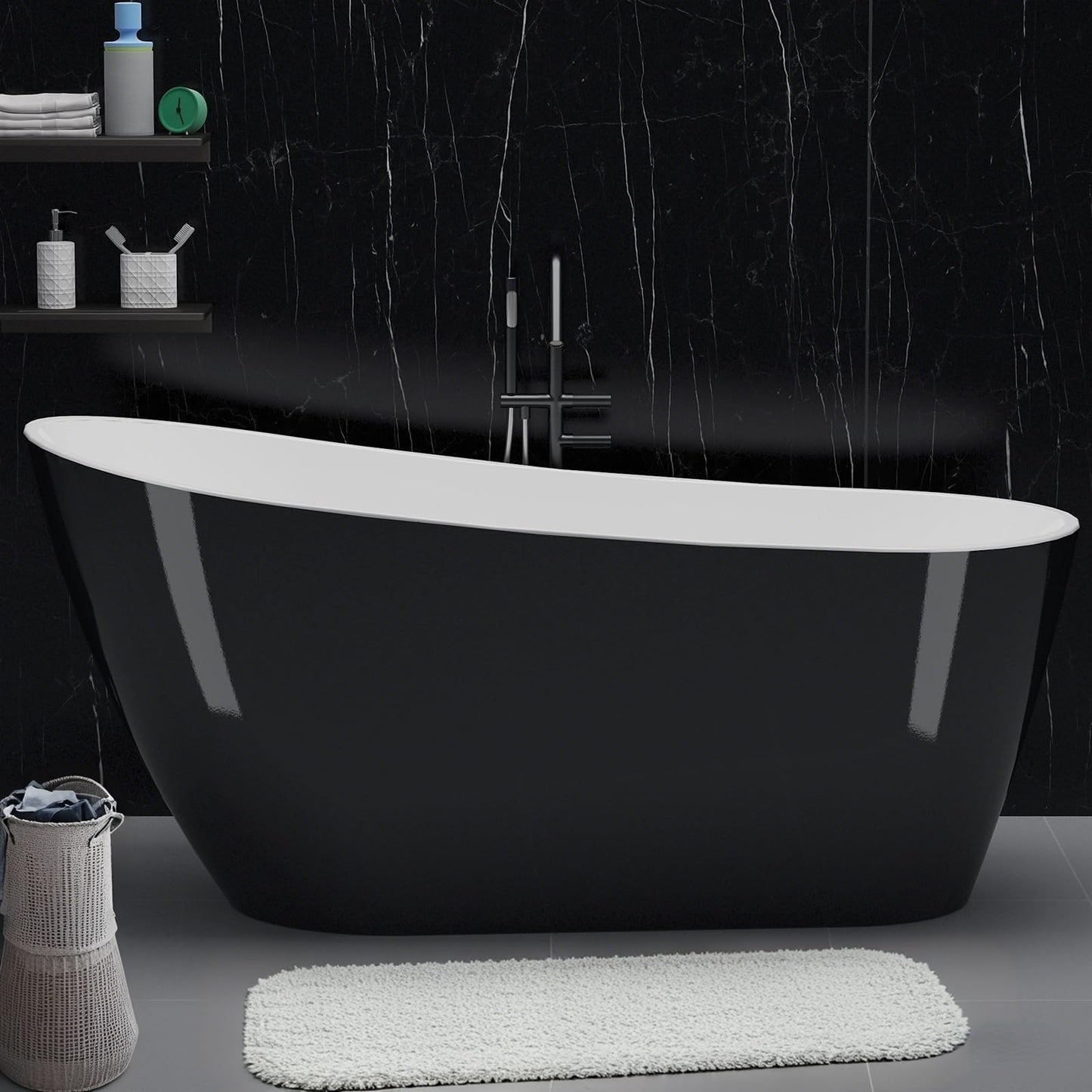 67 Inch Freestanding Bathtub, Acrylic Free Standing Bath Tub with Chrome Drain Kit, Deep Soaking Stand Alone Tub for Adults, Modern Bathroom Tub, Black Exterior, White Interior