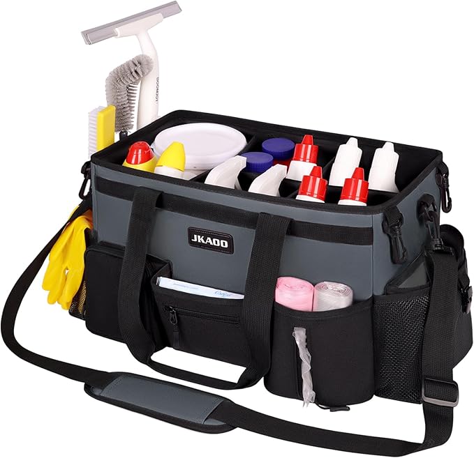 Large Wearable Cleaning Caddy Bags,Cleaning Supplies Storage Bag with Handles and Adjustable Shoulder Strap and Removable Waist Straps,Waterproof Cleaning Bags for Home,Car,Office (Gray)